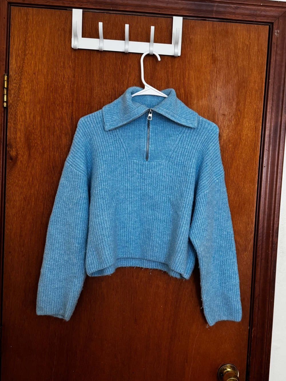 Blue Half-Zip Ribbed Knit Sweater